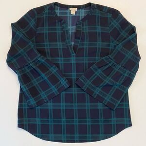 J Crew Blue Green Tartan Blouse Bell Sleeve Medium V-neck Lightweight Semi Sheer